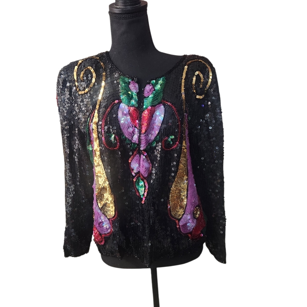 Sequin  80small Embellished Black Top with Multicolor Design